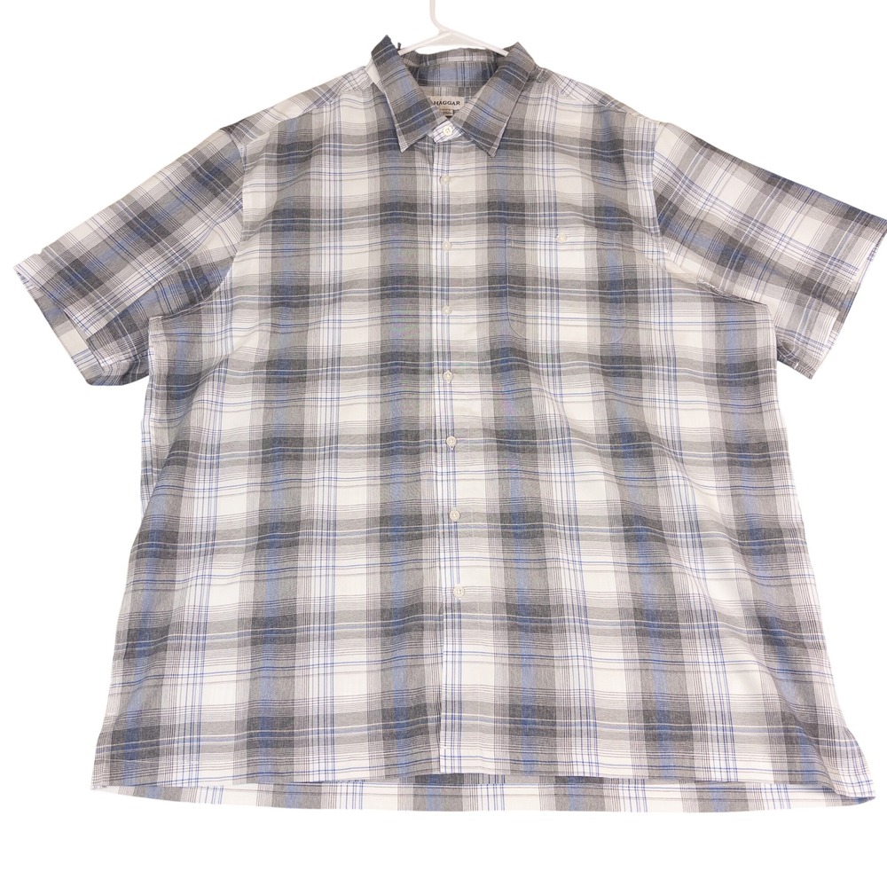 Haggar Mens 3XLT Short Sleeve Plaid Button Up Shirt Grey Blue Pocket Tall